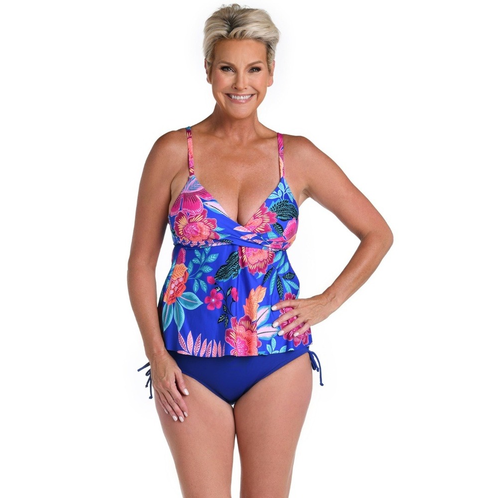 24th & Ocean Blue Tropical Floral Twist Front Flyaway Tankini Swim Top Size L